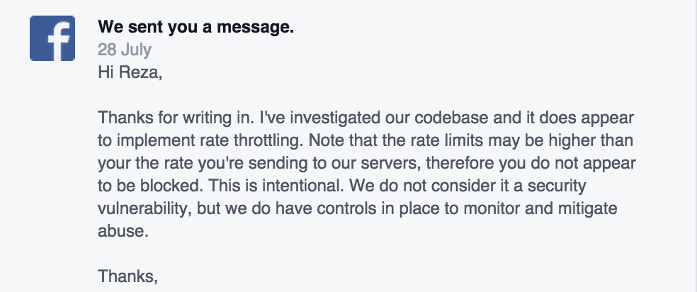 Response from Facebook security team