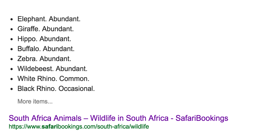 Query "what animals can I see on safari?"