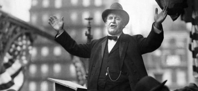 WIlliam Jennings Bryan delivering the 'Cross of Gold' Speech. Image Source = radiodiaries.org