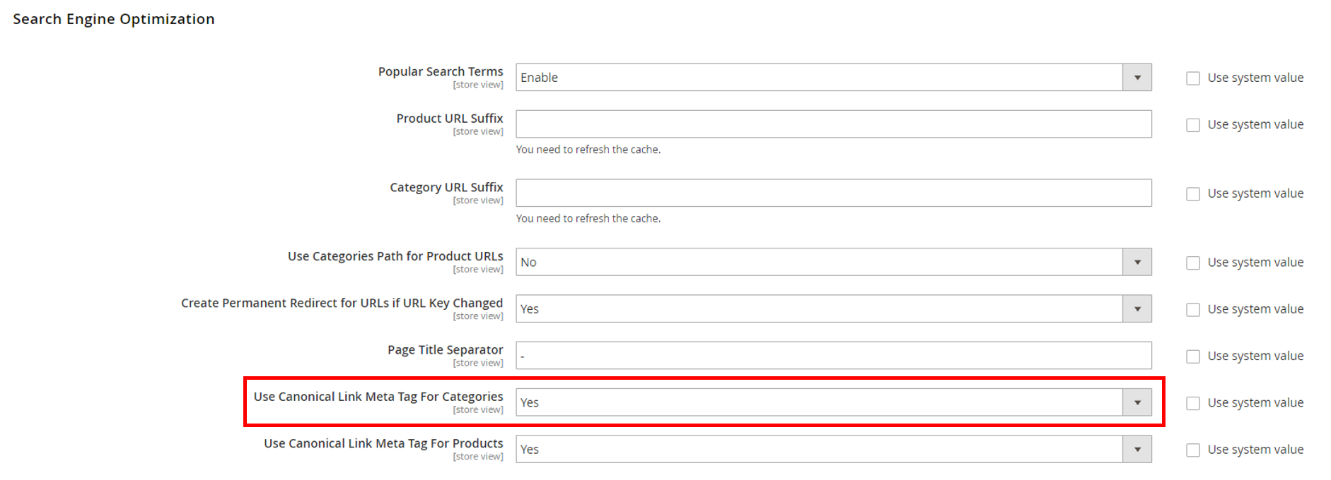 Magento 2 category page canonical tag settings