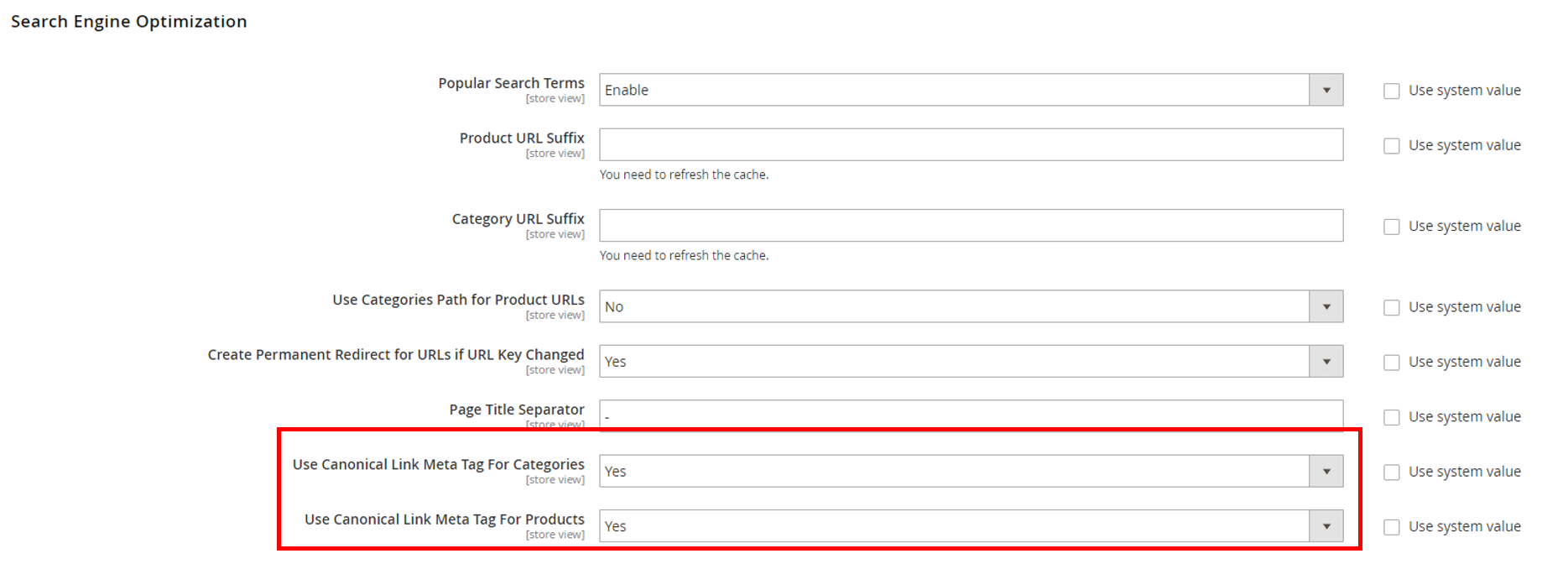 Product and category global canonical tag settings