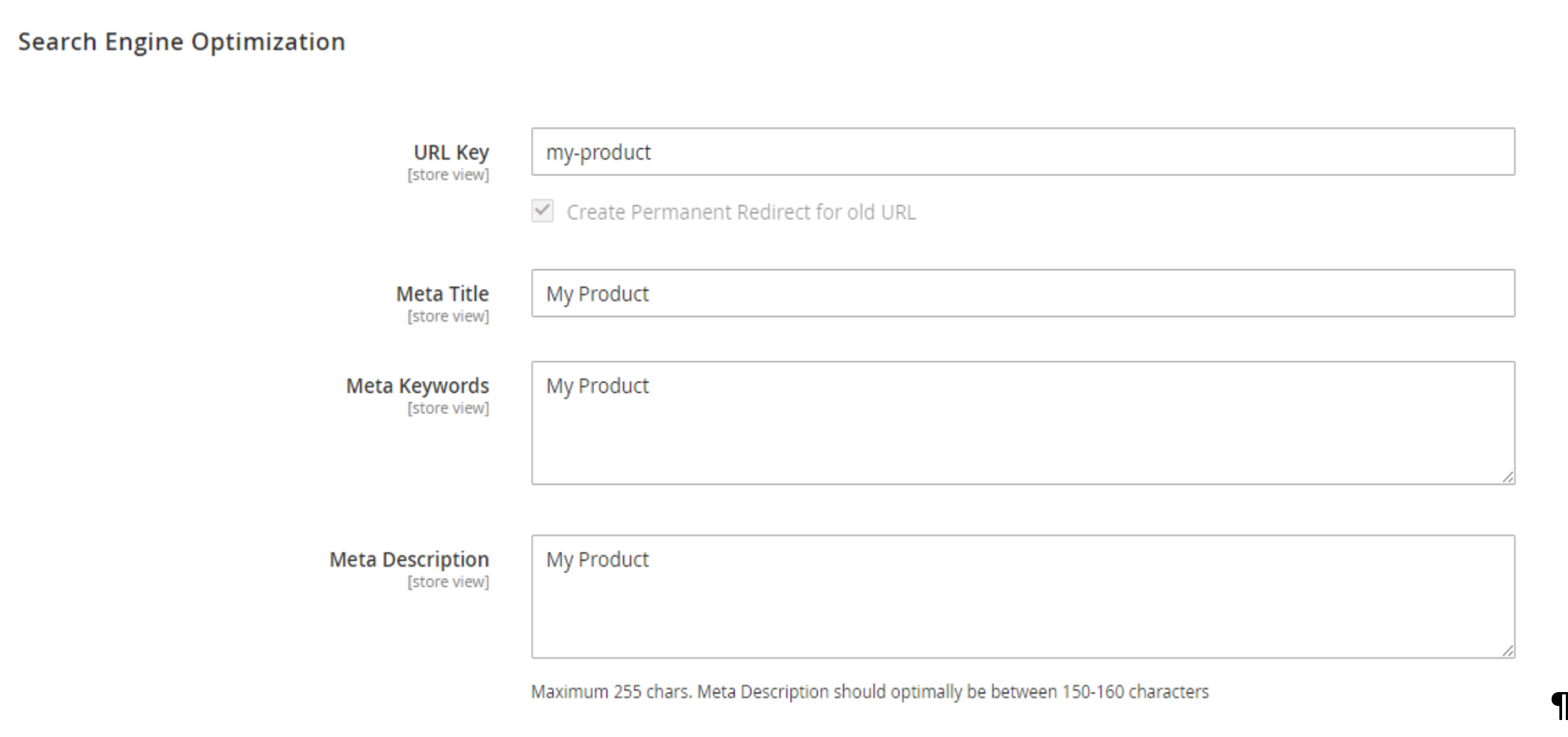 Magento 2 Search Engine Optimisation settings on product page