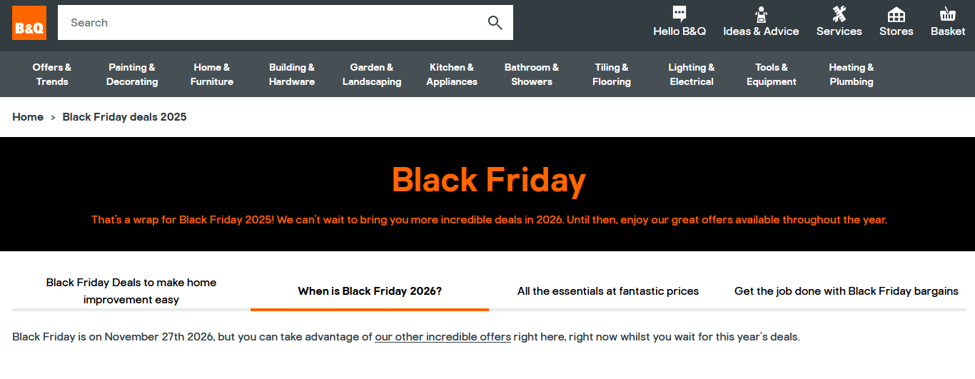 screenshot of Black Friday page on the B&Q website.
