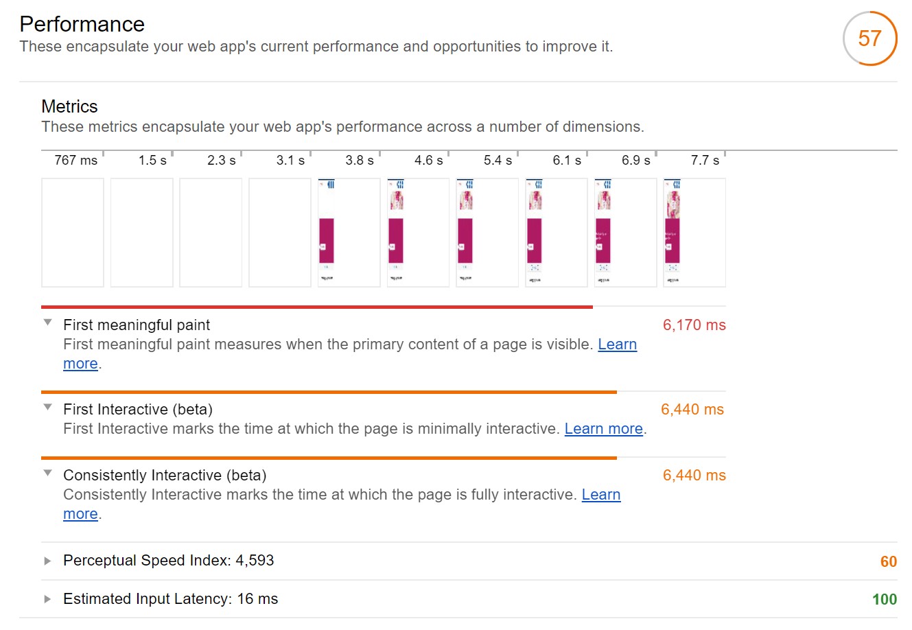 Google Lighthouse performance report