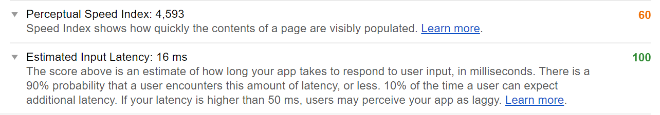 Google Lighthouse speed report