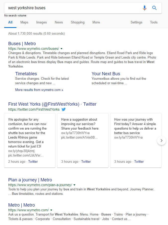 A Twitter account showing up in the SERPs