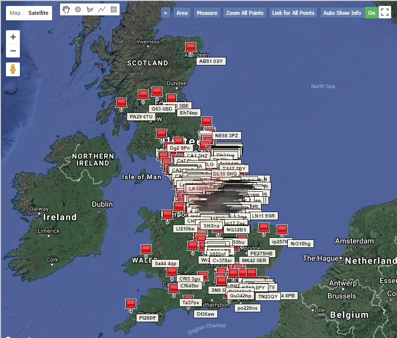 Example of post code plotting using Google Maps.