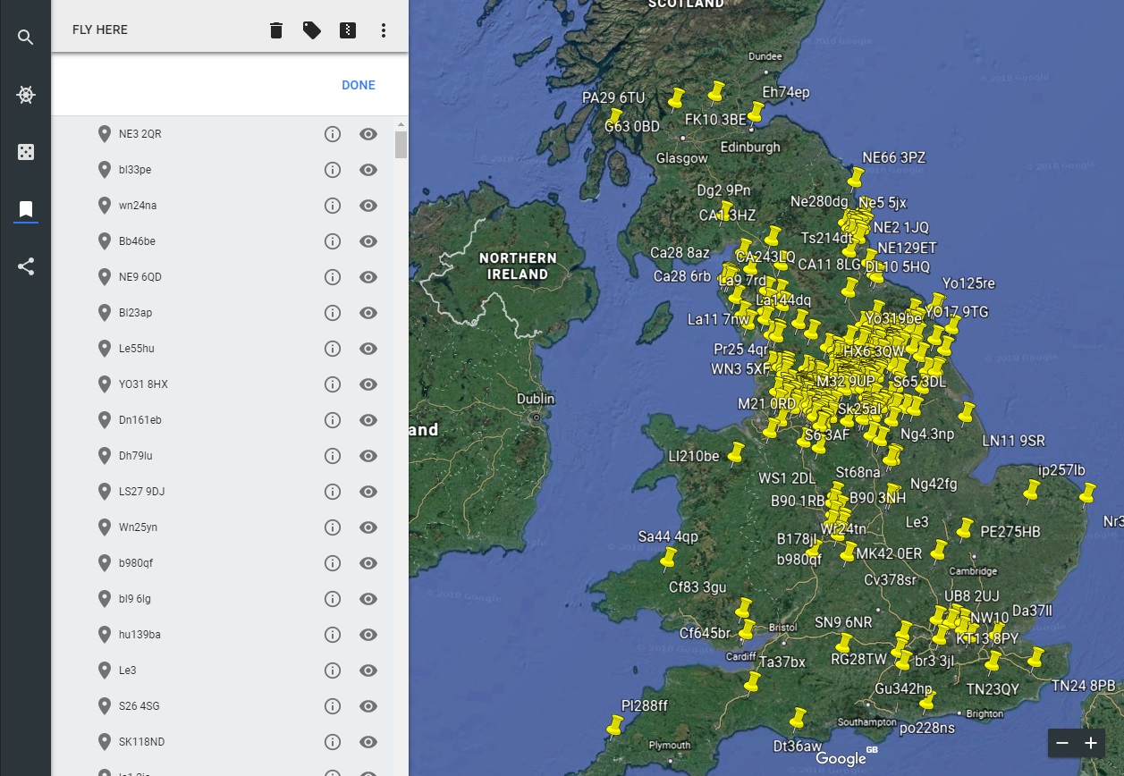 Post codes plotted on map using KML file