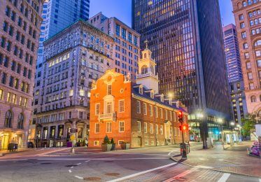 Boston, Massachusetts, USA Old State House and cityscape.
