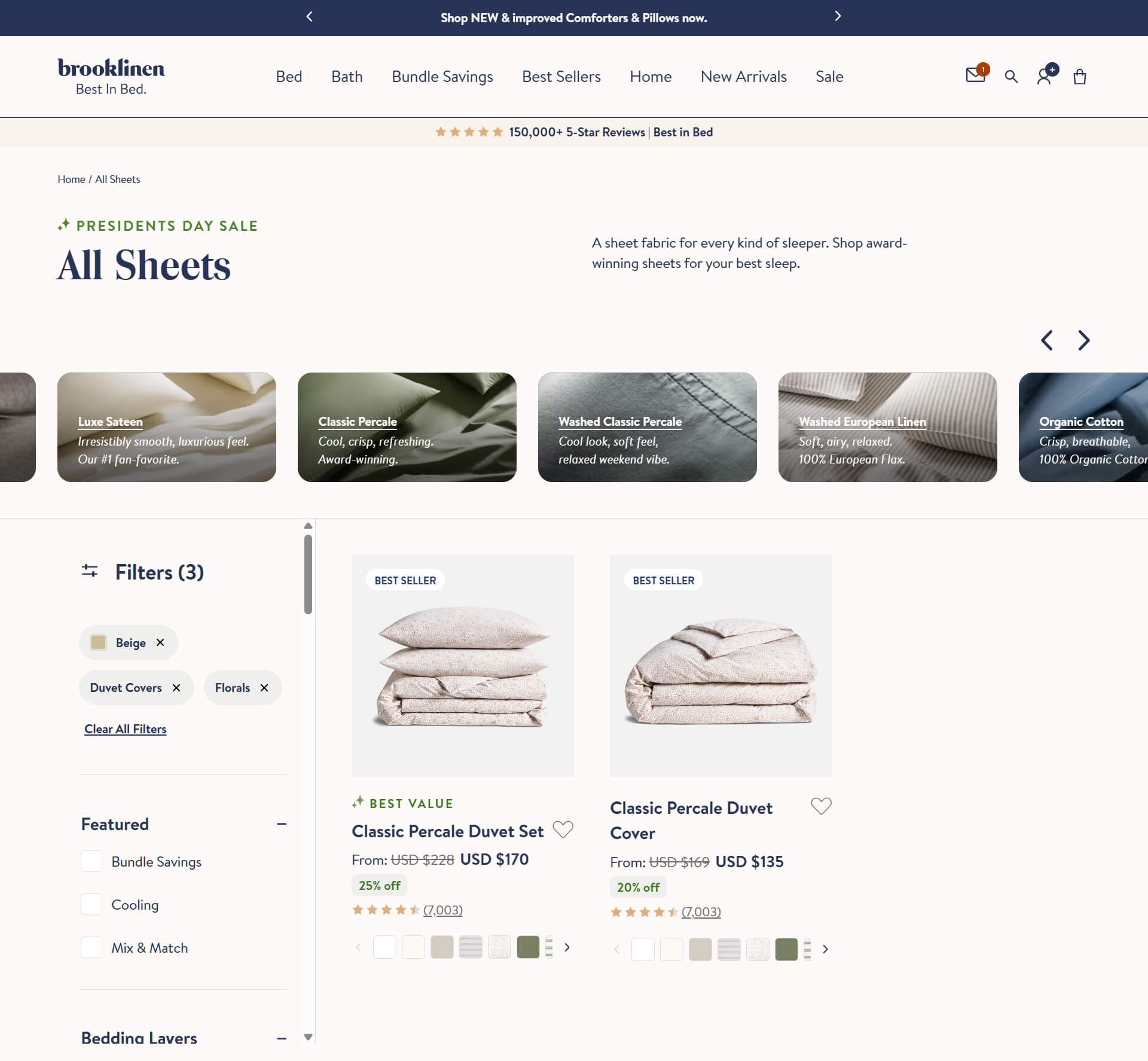 Screenshot of Brooklinen page filtered using faceted search for beige and floral duvet covers in the sheets category.