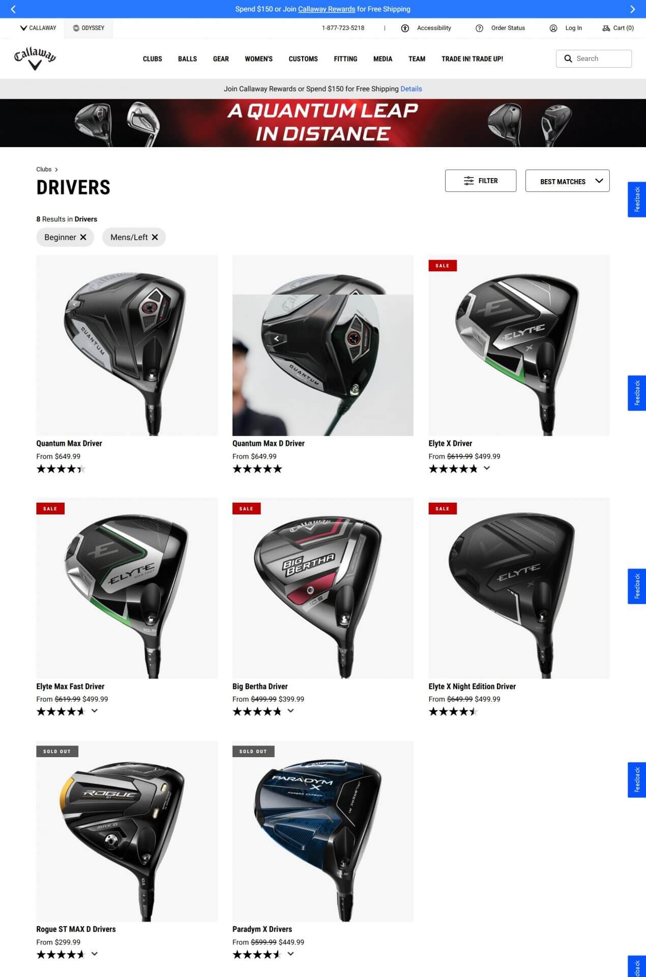 Screenshot of Callaway Golf page using faceted search for driver golf clubs for beginner and men’s left-handed.