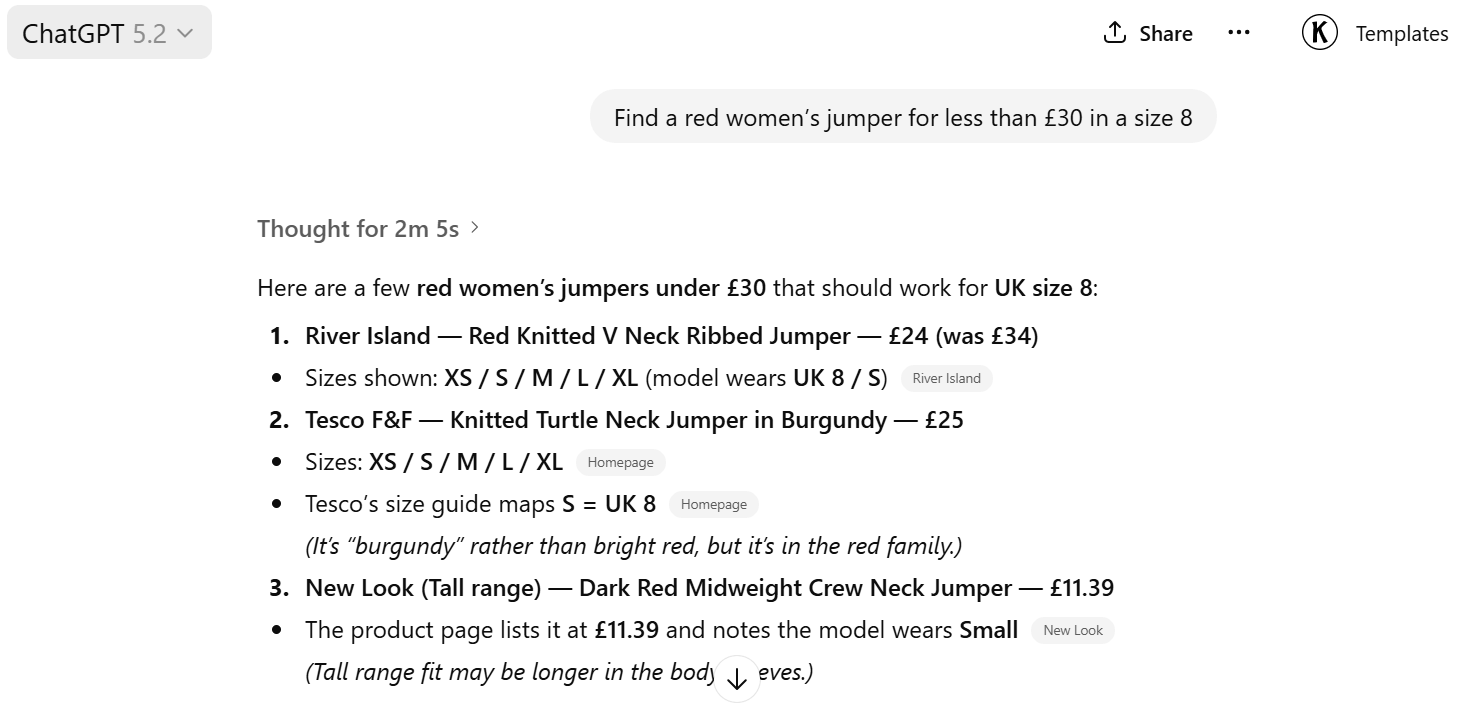 Screenshot of ChatGPT search and results for the prompt ‘Find a red women’s jumper for less than £30 in a size 8.
