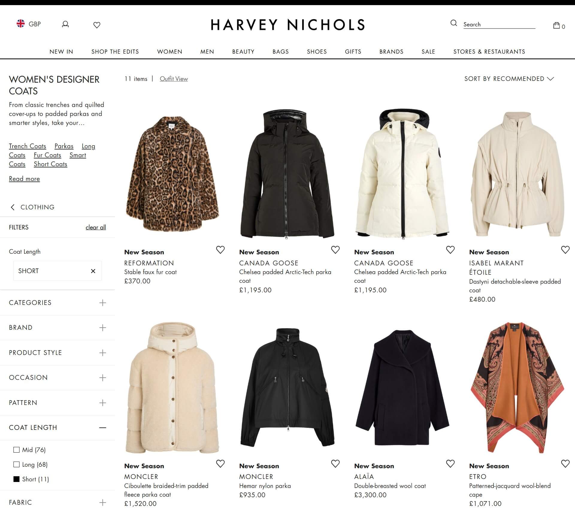 Screenshot of Harvey Nichols website using faceted navigation for women’s short coats.
