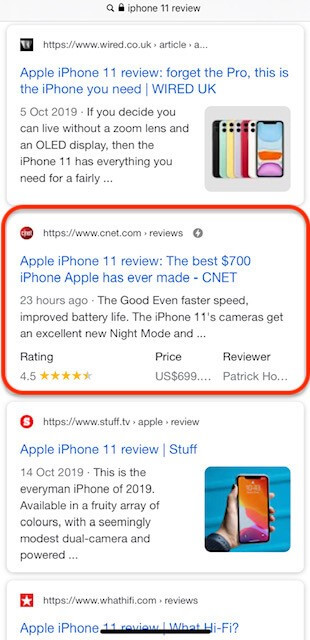 Search results in mobile for iPhone 11 showing great detail.