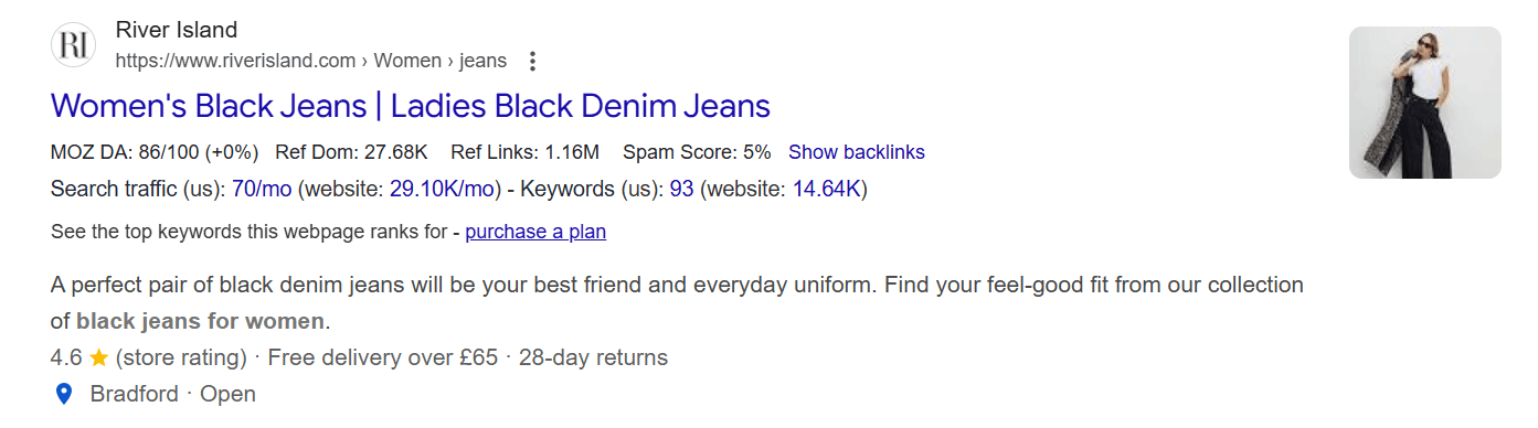 strucutred data example for River Island in the SERP for black women's jeans.