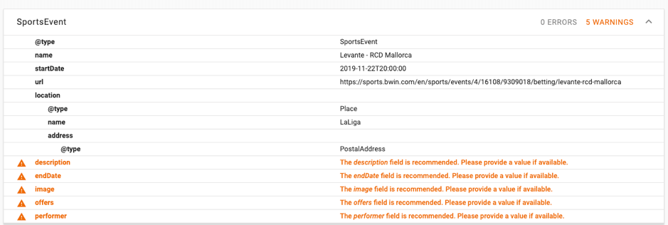 sportsevent schema screenshot