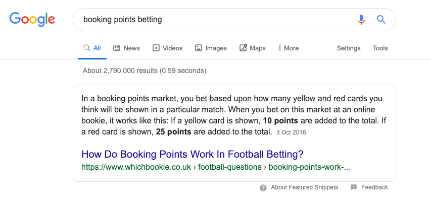 booking points featured snippet screenshot