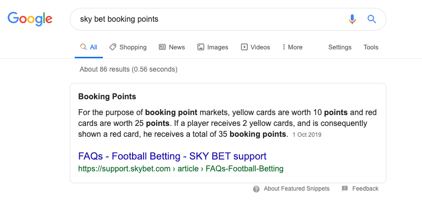 skybet booking point featured snippet screenshot
