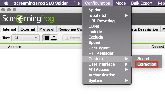 Screaming Frog Custom Extraction Screenshot