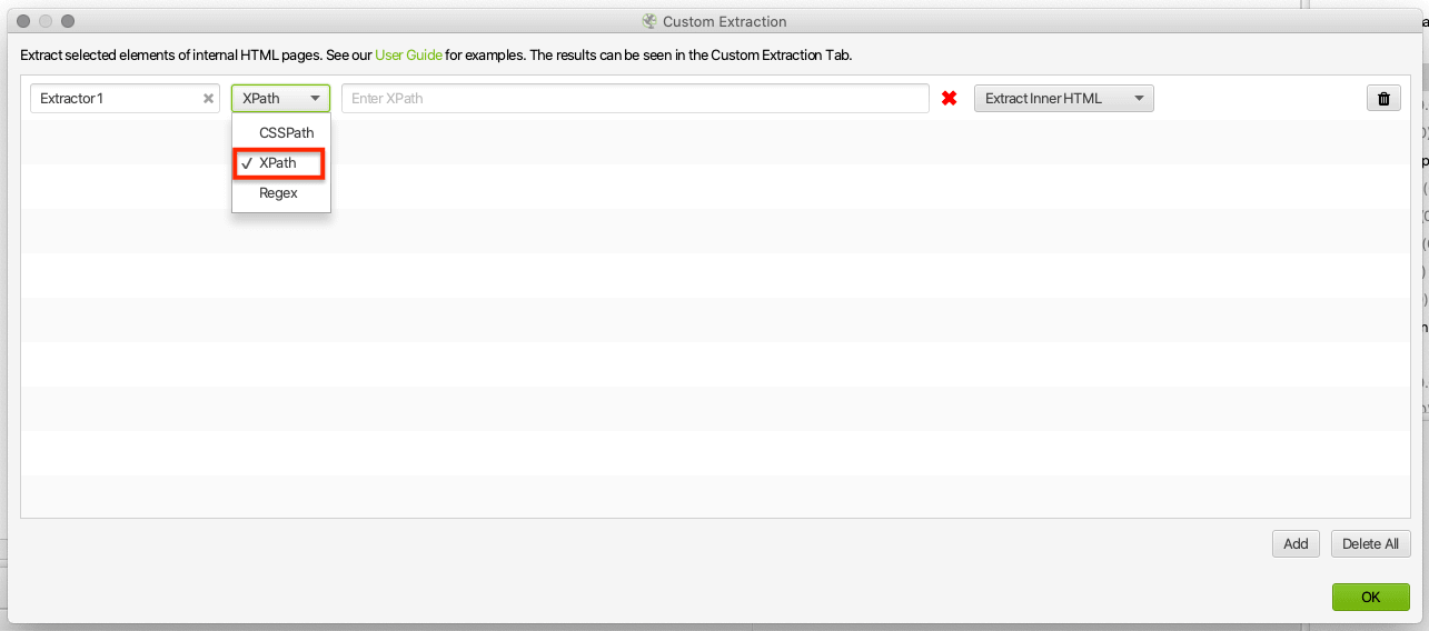 Screaming Frog Custom Extraction XPath Screenshot