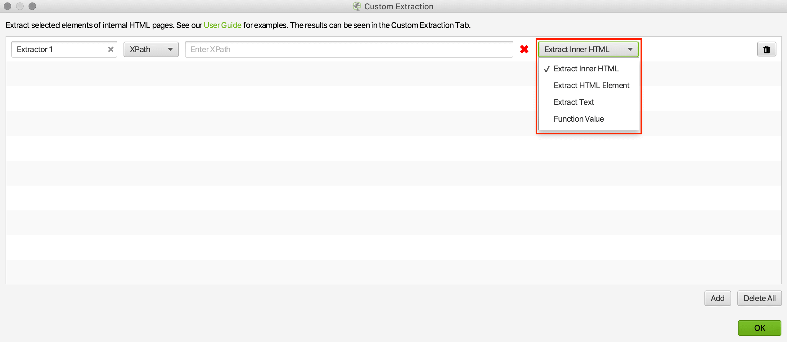 Screaming Frog Custom Extraction XPath Screenshot Inner HTML
