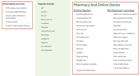 Lloyds pharmacy navigation screenshot