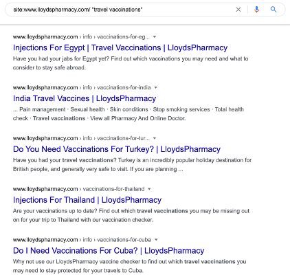 lloyds pharmacy travel vaccinations google SERP screenshot