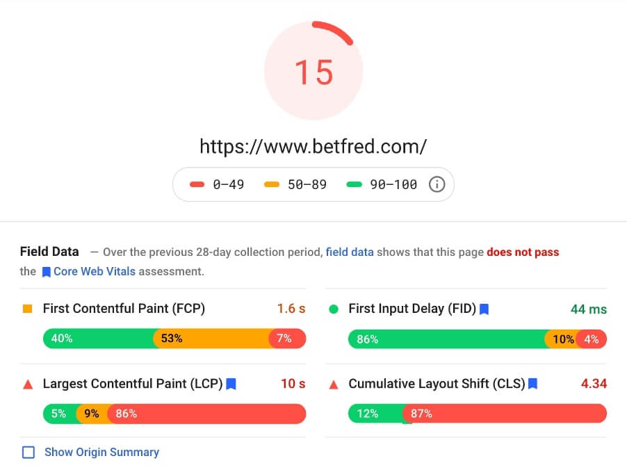 betfred page speed insights screenshot