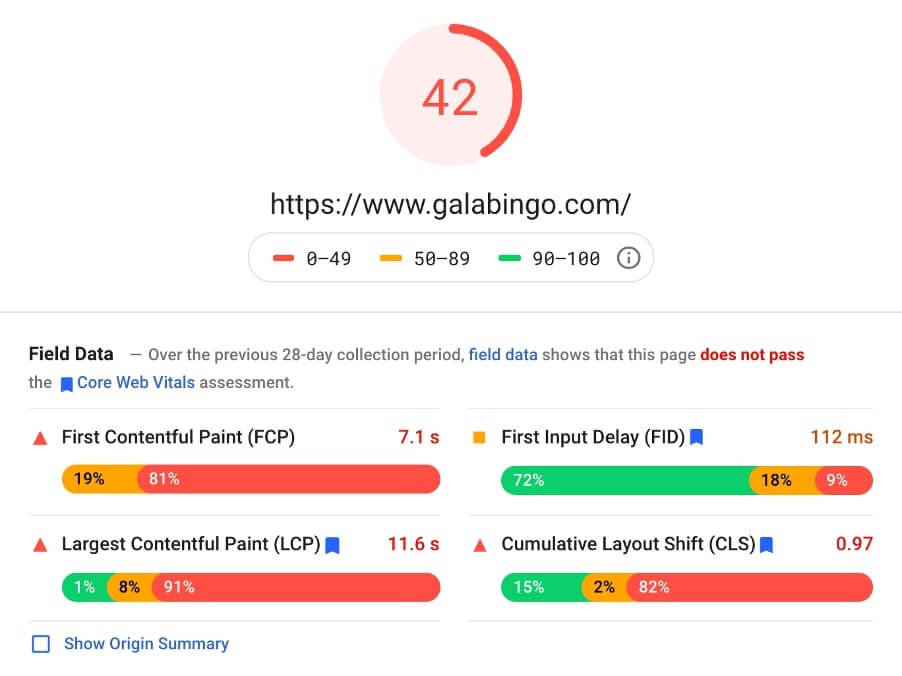 gala bingo page speed insights screenshot