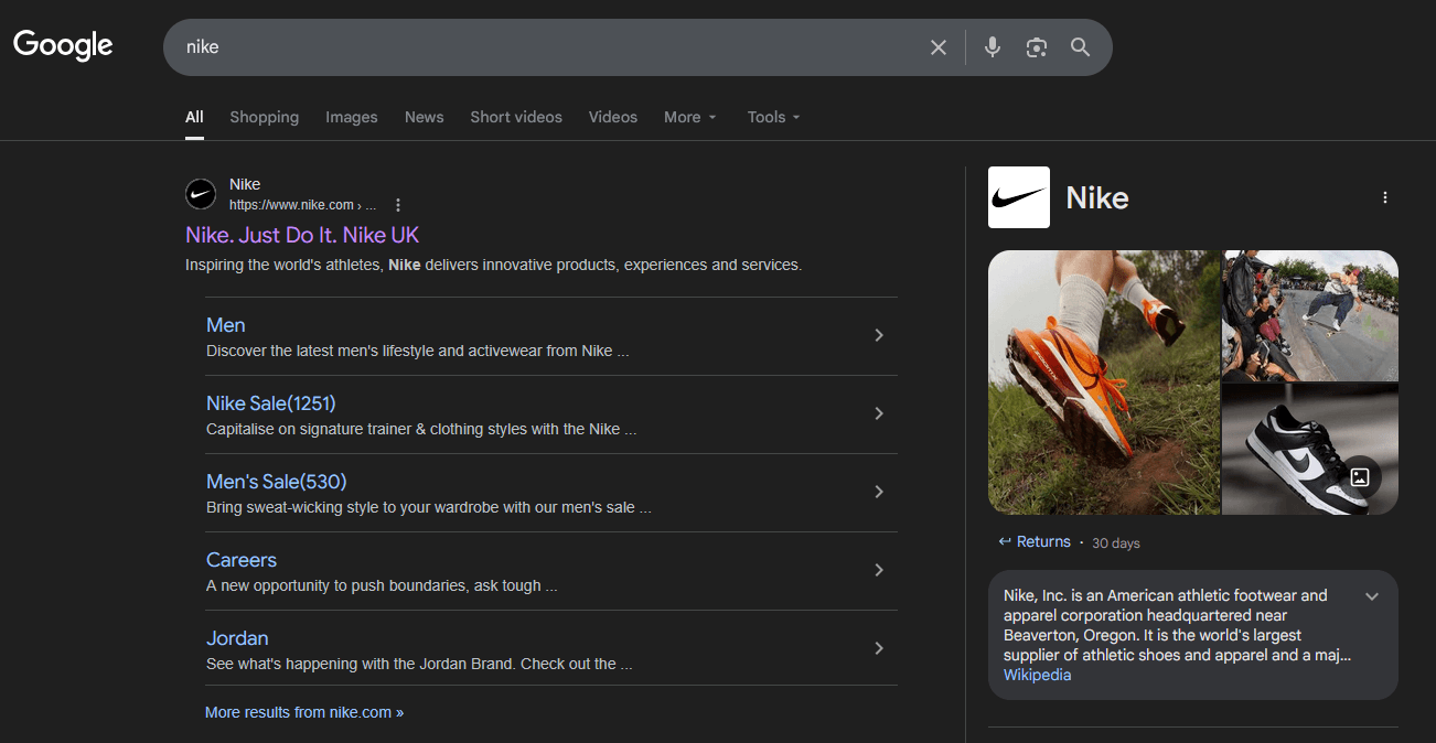 screenshot of Nike in Google's SERPs.