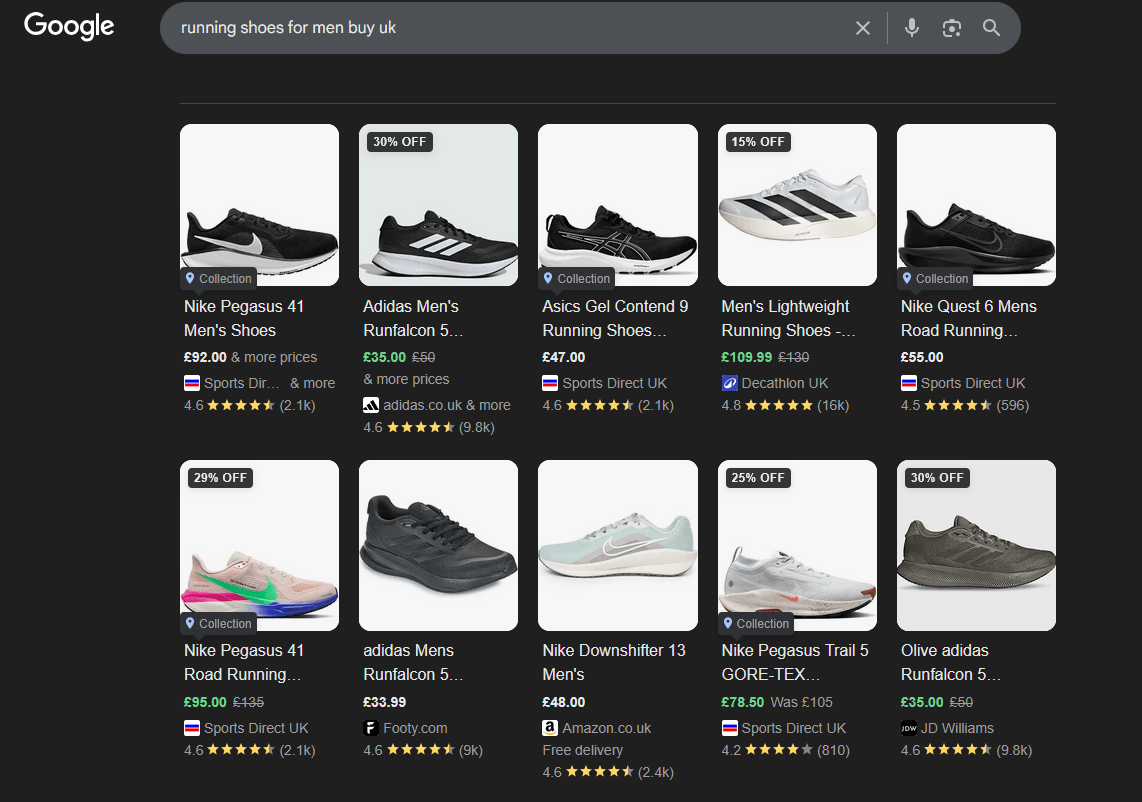 screenshot of product listings in Google SERP for 'running shoes for men buy UK' search term.