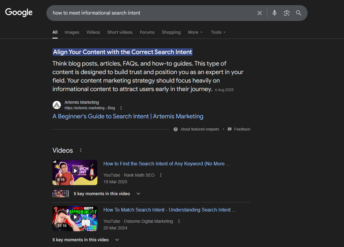 screenshot of Google SERP for 'how to meet informational search intent'.