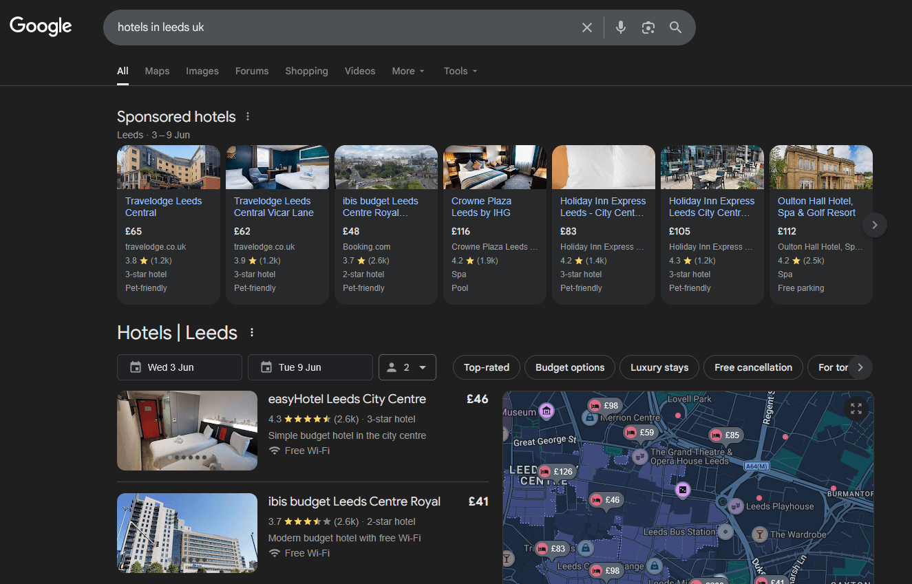 screenshot of Google SERP for the term 'hotels in Leeds UK'.