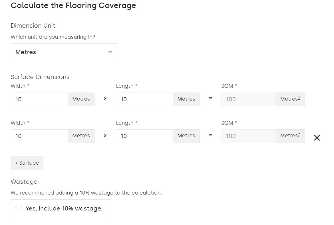screenshot of flooring coverage calculator from Bath Shack.