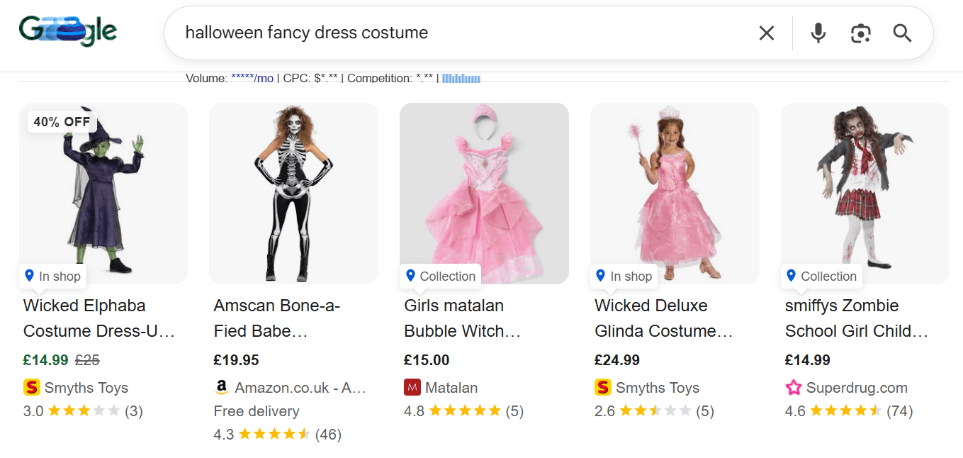 screenshot of Google Merchant Center results for 'Halloween fancy dress costume' in Google search results.