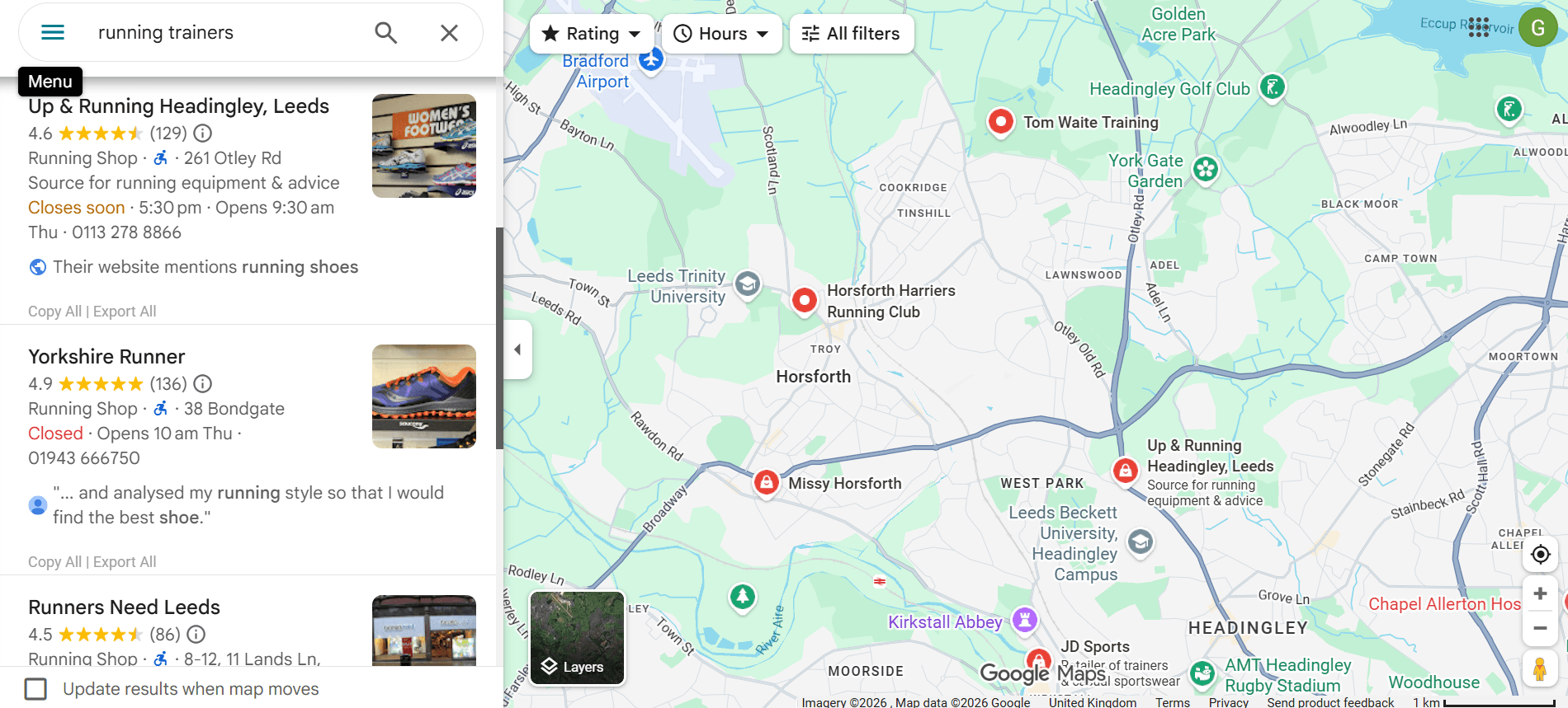 Screenshot of local SERPs in Google Maps for ‘Running Trainers’.