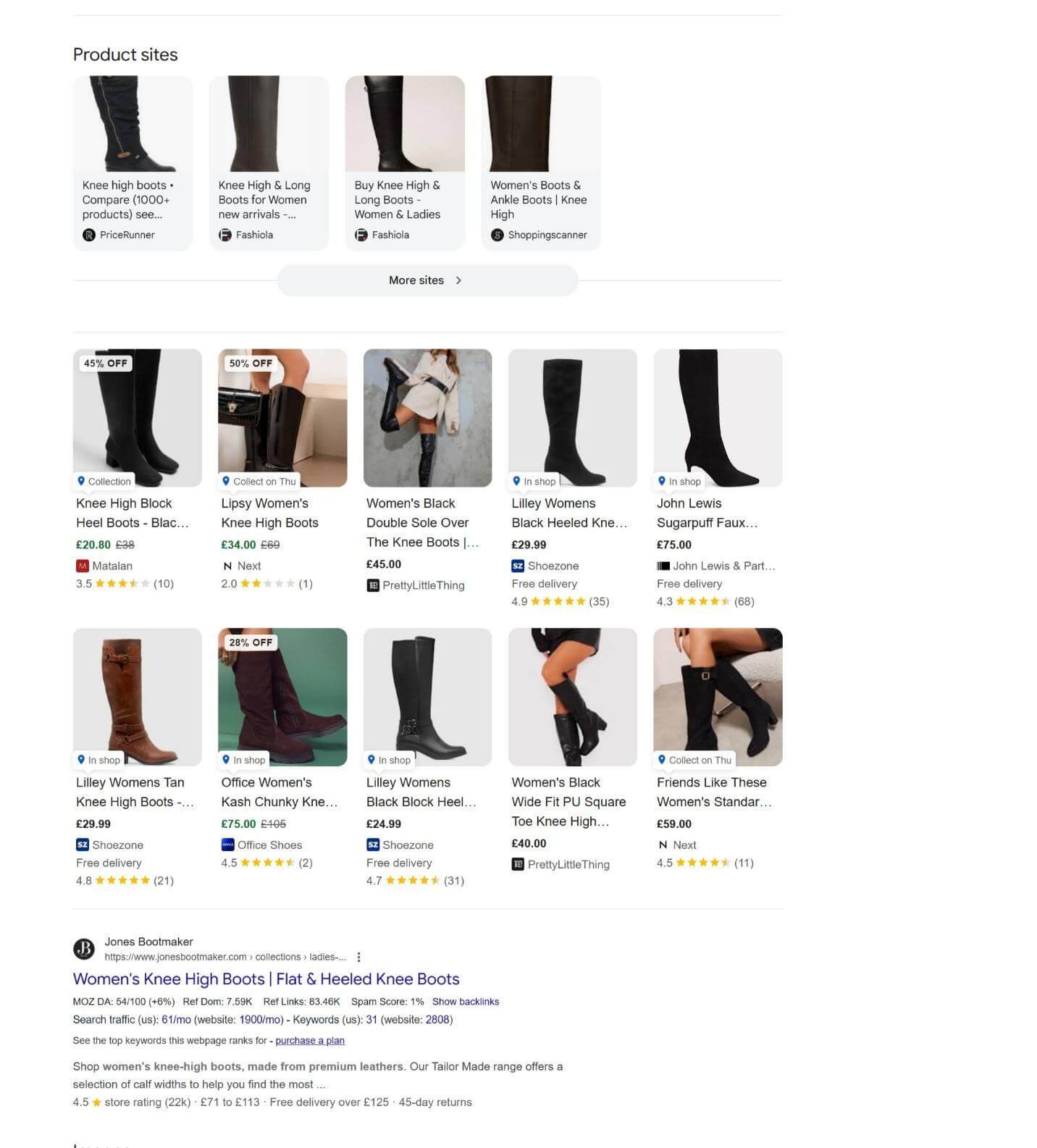 screenshot of product image carousels in SERPs for ‘knee high boots’.