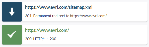 Ayima plugin showing redirect from Evri sitemap to the Evri homepage