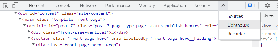Chrome DevTools menu with showing the Lighthouse option