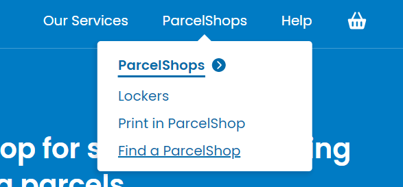 Link to find a ParcelShop in the header navigation on Evri