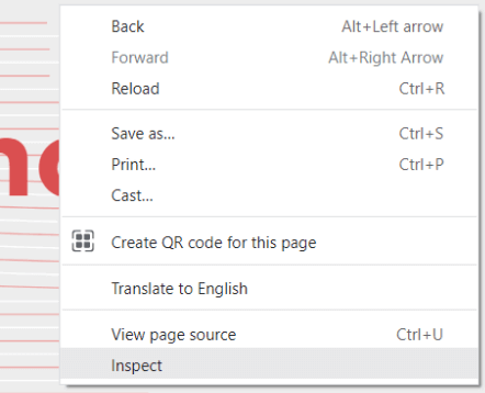 Chrome right-click Menu with the Inspect option at the bottom