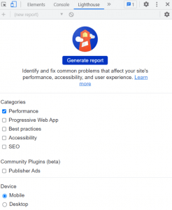 Lighthouse audit settings in Chrome DevTools, with Performance and Mobile ticked