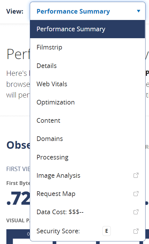 Webpage test viewing options with performance summary selected. Other options can also be seen: filmstrip, details, web vitals, optimization, content, domains, processing, image analysis, request map, Data Cost and Security score