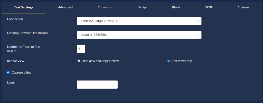 Webpage test advanced settings showing connection set to cable, browser dimensions set to default, and number of tests set to 3. Capture video is ticked