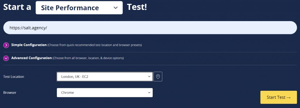 WebpageTest URL input, with the test location set to London