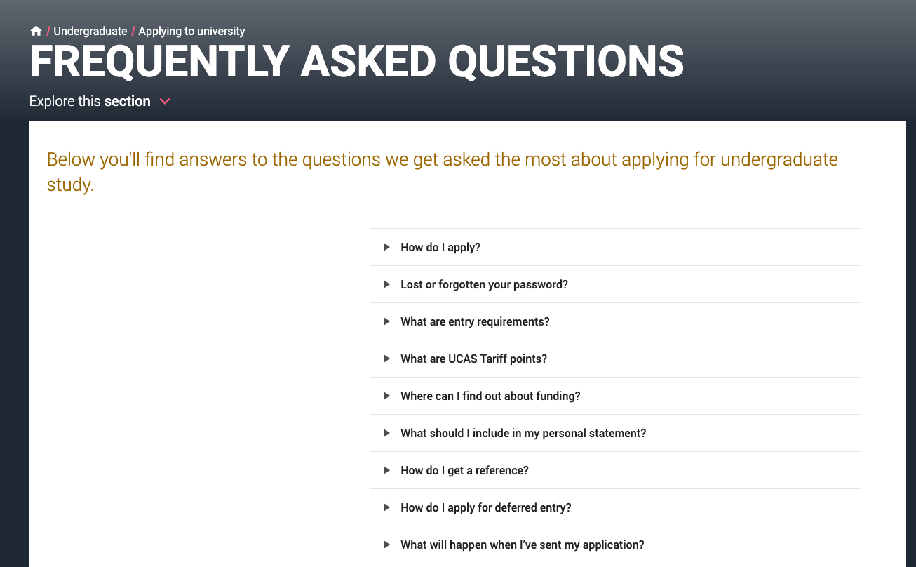 UCAs FAQ tabbed content in website design