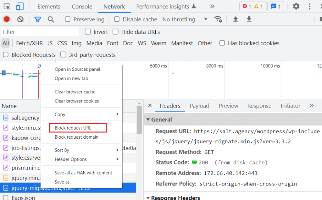 Right-click menu for blocking a URL in network requests in Chrome DevTools