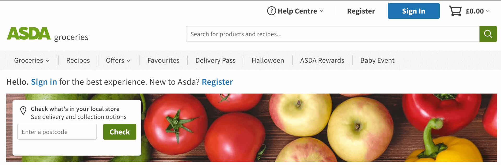 A screenshot of ASDA's home page taken on a desktop device