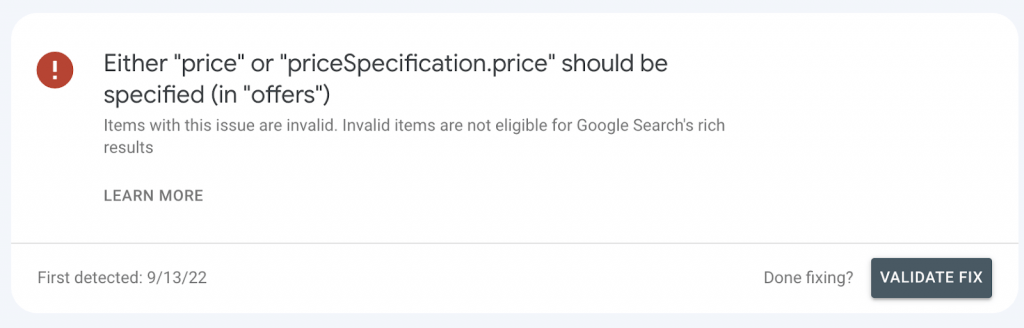 invalid property usage in google search console error