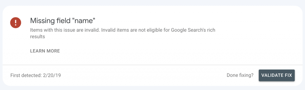 missing field error in google search console
